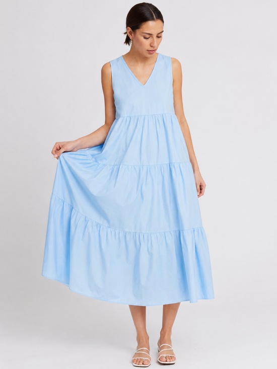 Marcella Nyc Dress Cotton Poplin Tiered Midi In Baby Blue